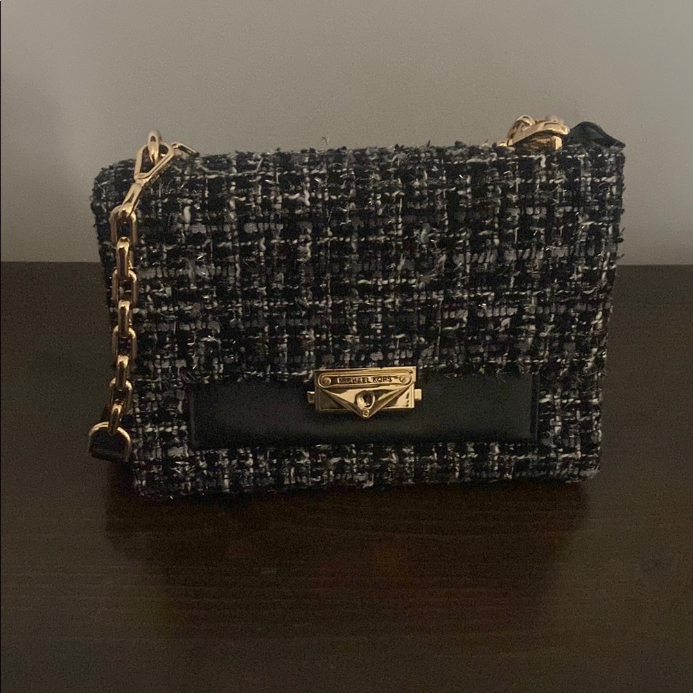 Michael Kors Black and Gold Crossbody Bag with Tweed Design